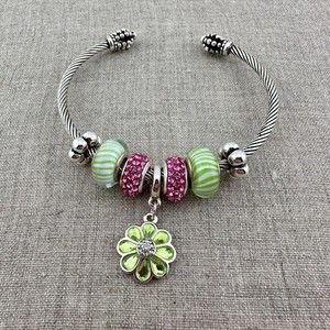 Silver Tone Cuff Bracelet Rhinestones Glass Beads Flower Charm Torque Bangle